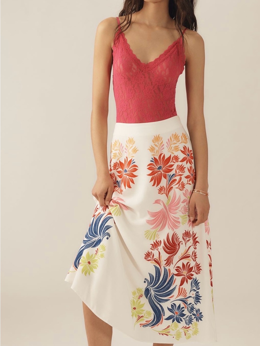NWT FARM Rio White Midi Skirt with Floral Print Anthropologie XS NWT